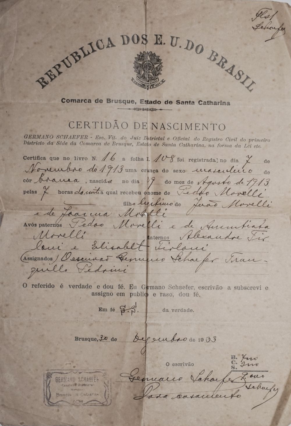 Certidão de Nascimento de Pedro Morelli